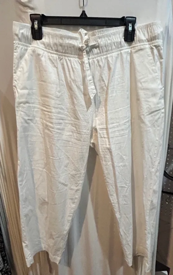 White Cropped Linen Blend Pants Elastic Waist Drawstring Casual Comfy Trousers - Image 1