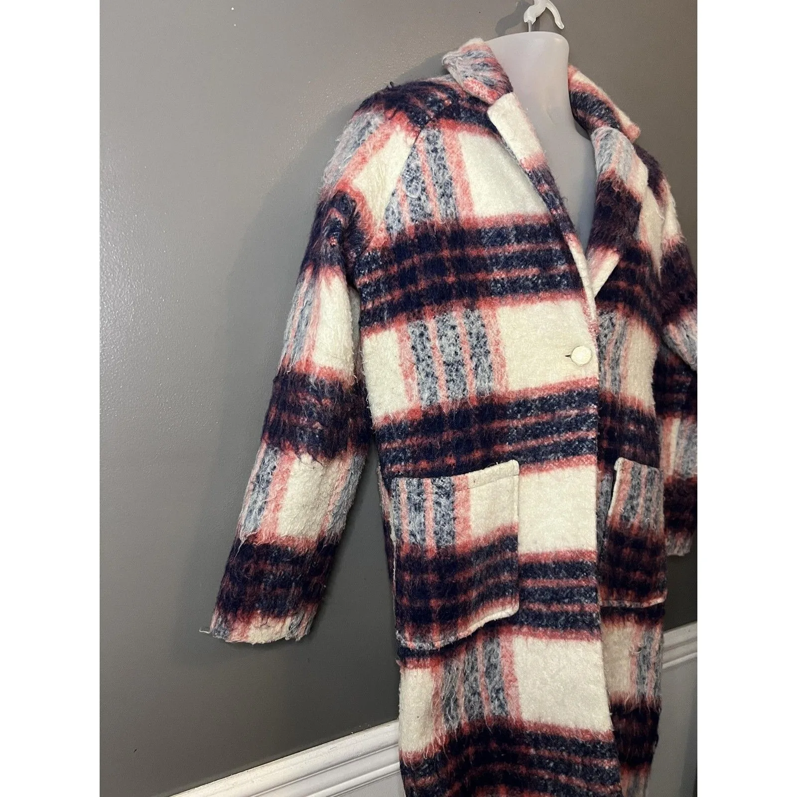 Glamorous Coat Womens Medium Pink Navy Cream Plaid Wool Blend Long Lined Boucle - Image 4