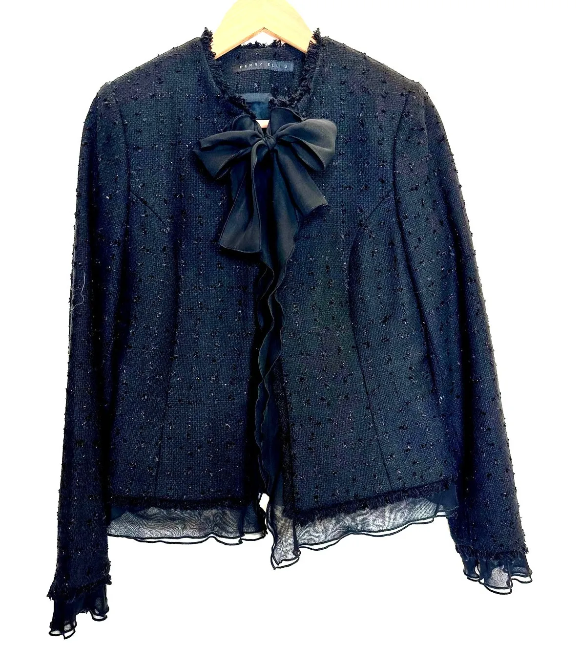Perry Ellis women's black silver tweed boucle jacket sheer bow & trim size 8 - Image 1