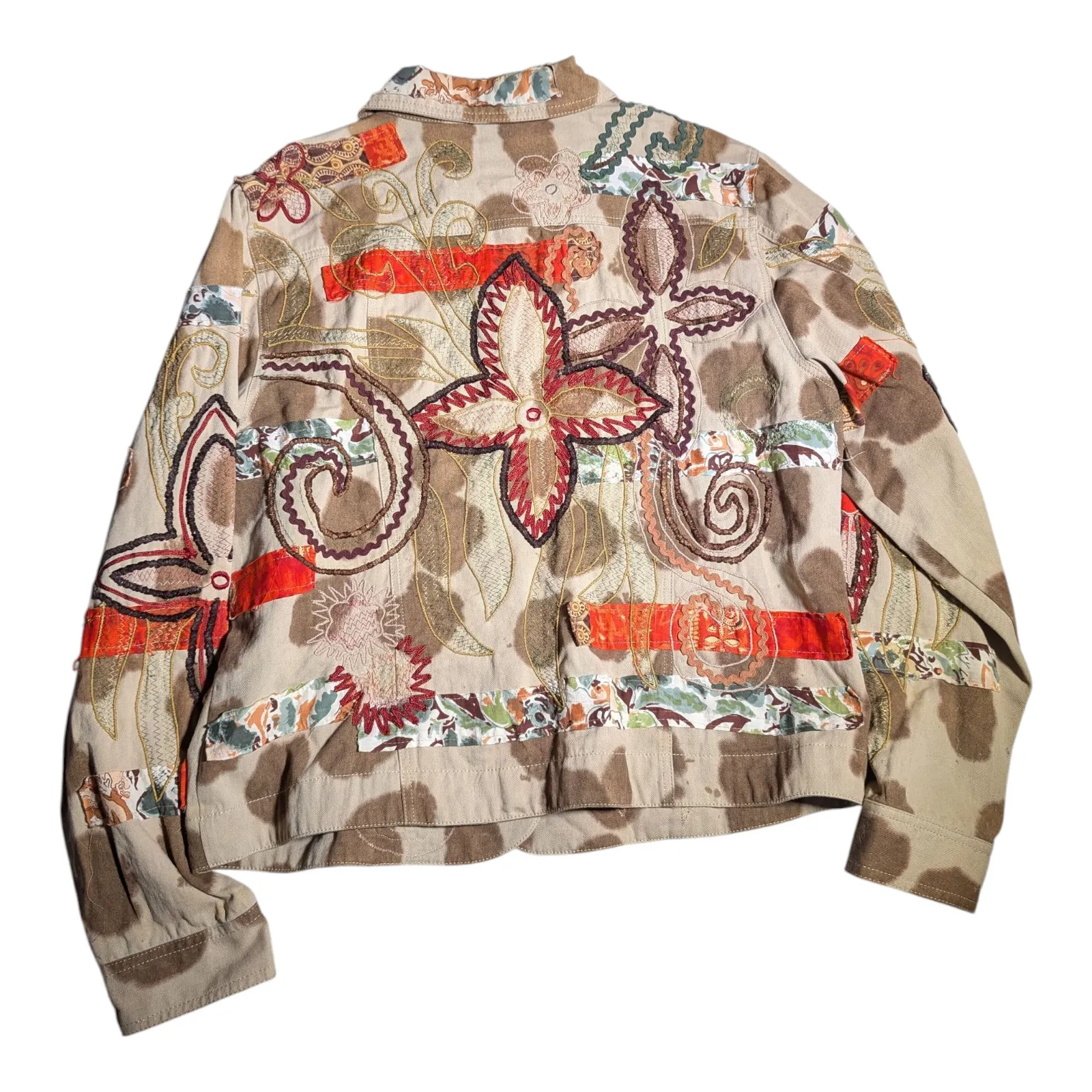 Vtg Y2K Bleu Bayou Beige Orange Floral Embroidered Cotton Trucker Jacket Sz L Tan Size L - Image 2