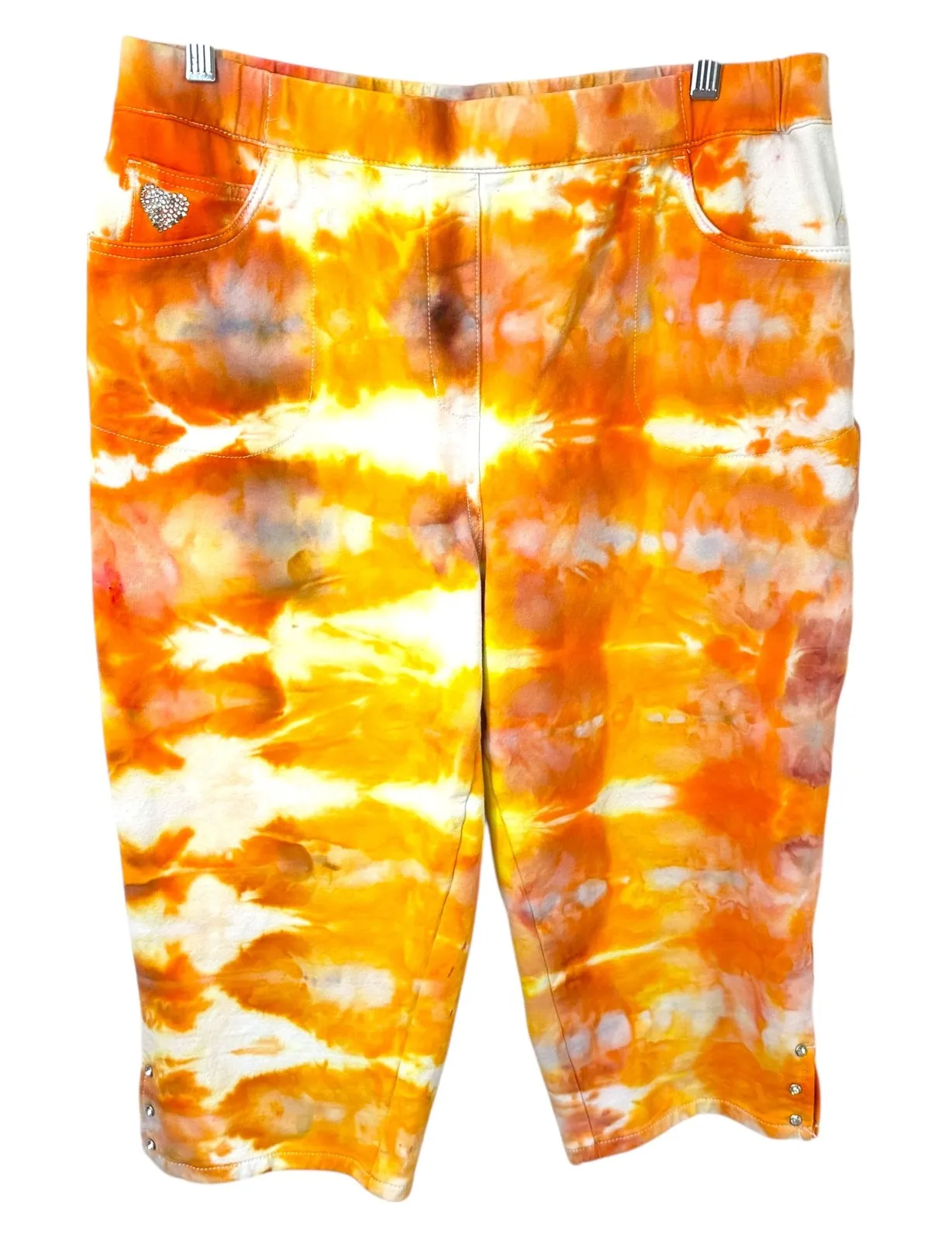 Dream Jeans Quacker Factory Large Capri Handmade Tie Dye Orange Rhinestone 286 - Image 1