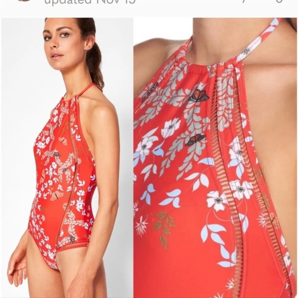 Ted Baker Red Kyoto Floral Butterfly Print One-piece Halter Open Back Swimsuit - Image 3