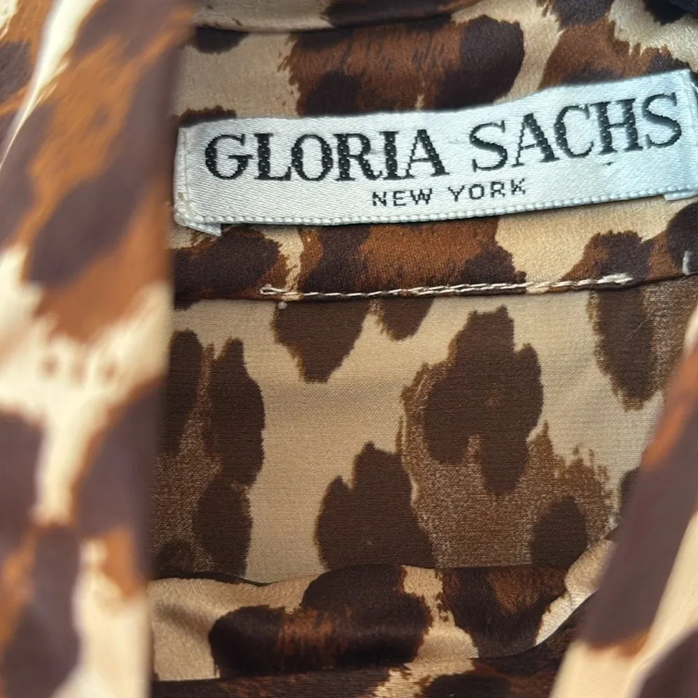 Gloria Sachs Animal Print Mock Neck Blouse Vintage Union Made in USA Top Size 10 Tan - Image 4