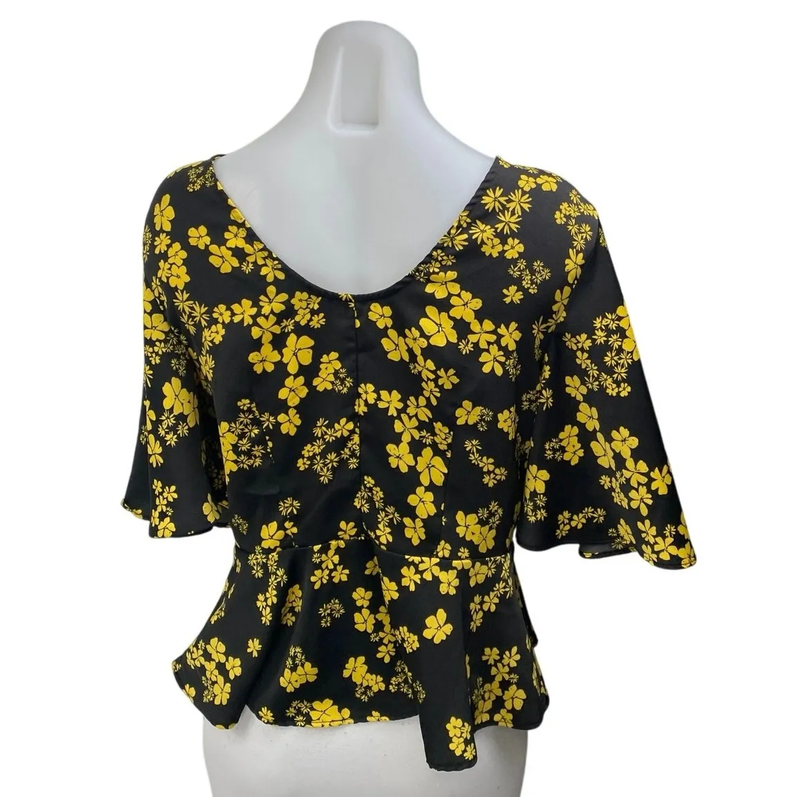 Who What Wear Women's Black Yellow Floral Short Sleeve Peplum Blouse Top Size S - Image 2