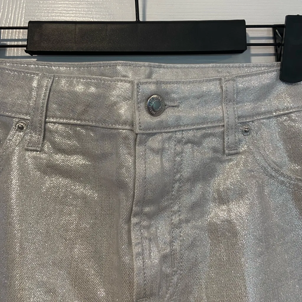 NWT Old Navy Size 12 Silver Shine Metallic Zip Stretch Denim A Line Mini Skirt - Image 2