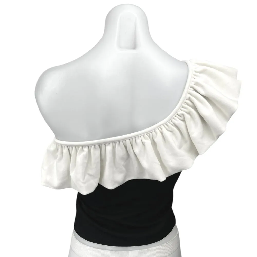 H&M Black White Flounced One Shoulder Sleeveless Ruffle Blouse Crop Tank Top S - Image 2