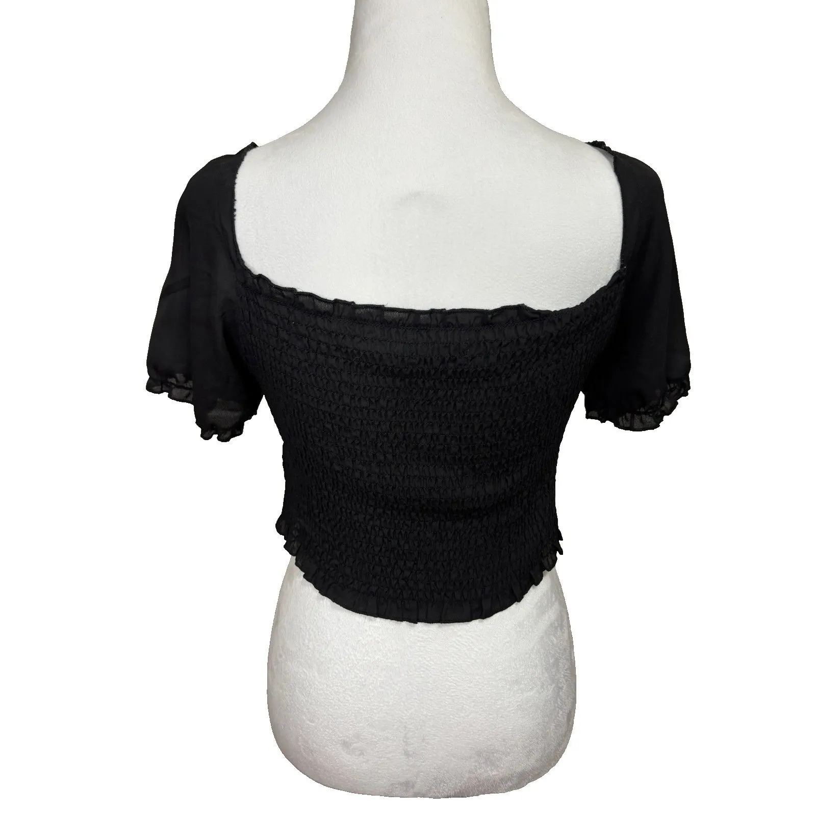Smocked Crop Top Womens S Black Puff Sleeve Milkmaid Whimsigoth Cottagecore - Image 3