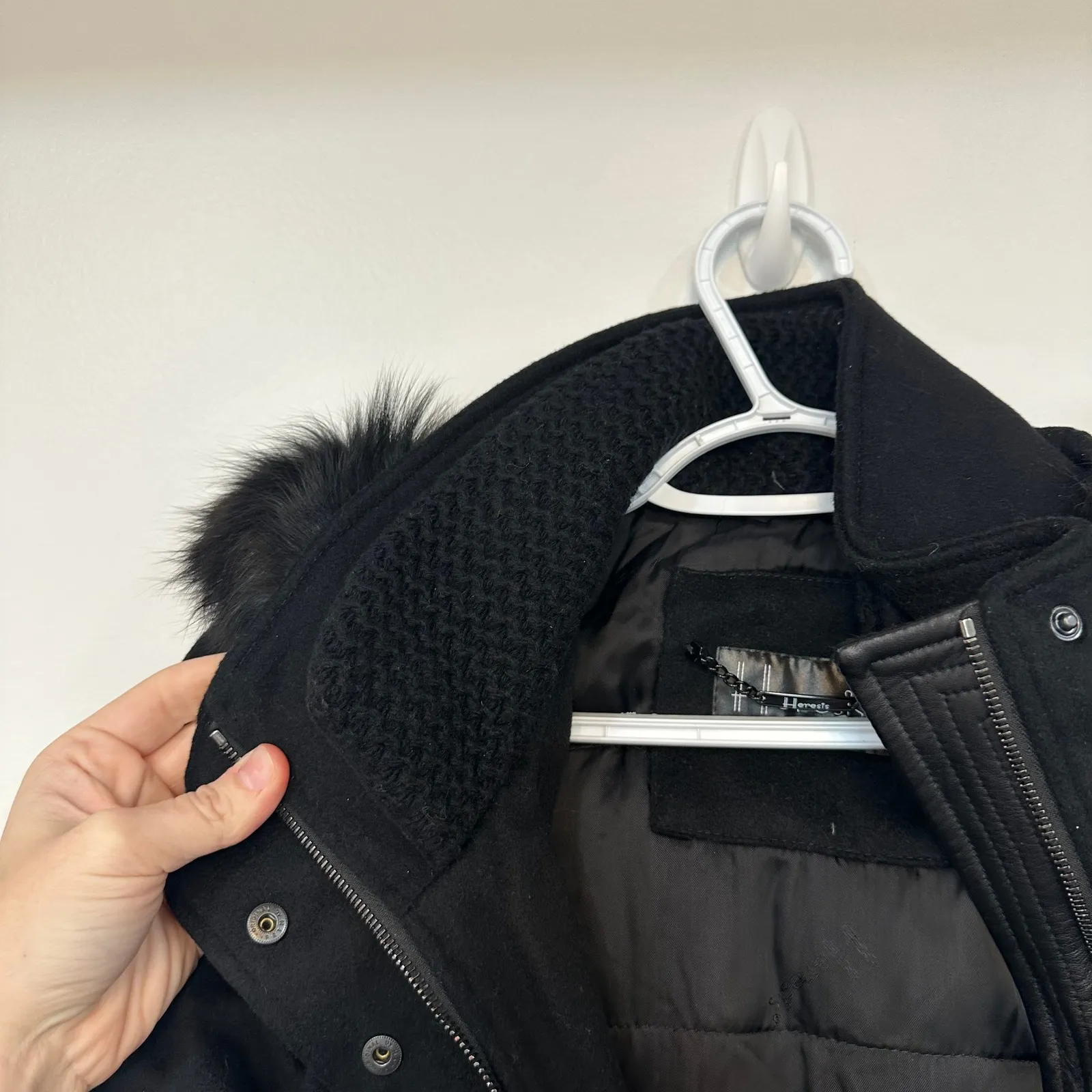 Heresis Womens Jacket 44 100% Wool Hood Faux Fur Outerwear Zip Button Italy Black Size 8 - Image 3