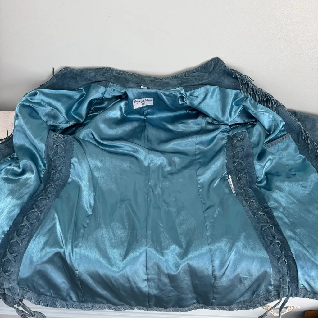 Pamela McCoy Suede Leather Jacket with Fringe Tassels, Size L Teal Blue Size L - Image 6
