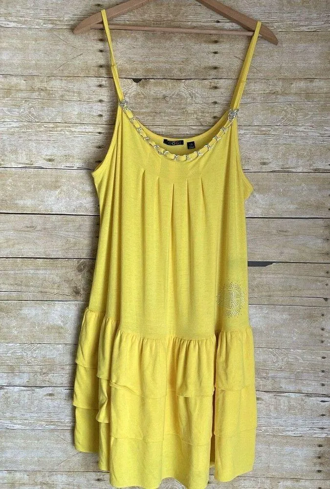Coogi Bright Yellow Sundress With Ruffle & Chain Accent - Size 1X - Rhinestones - Image 4