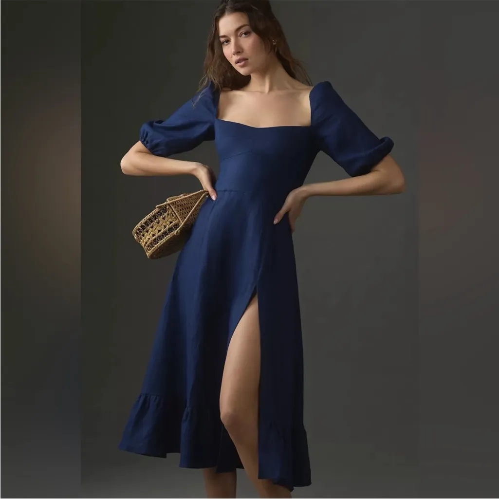 Reformation Belgium Linen Midi Puff Sleeve Dress Anthropologie - Image 2