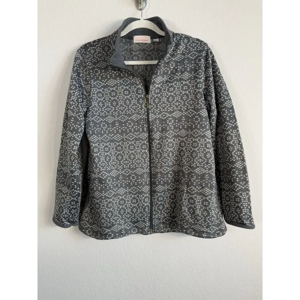 Stan Herman Fleece Jacket Women's Large Geometric‎ Gray Zip Up Mock Neck Casual - Image 7