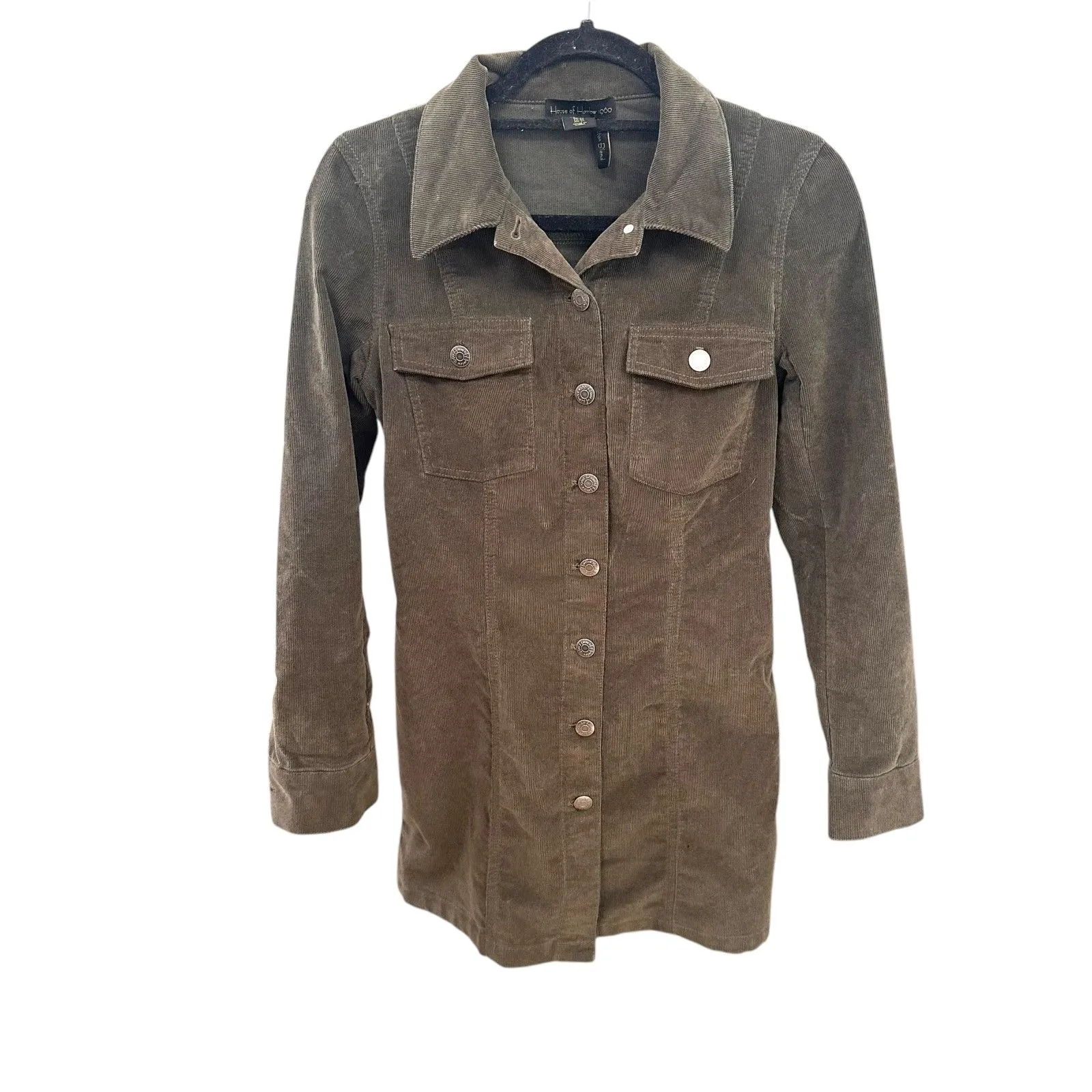 HOUSE OF HARLOW 1960 Corduroy Shirt Mini Dress‎ Green XS - Image 4