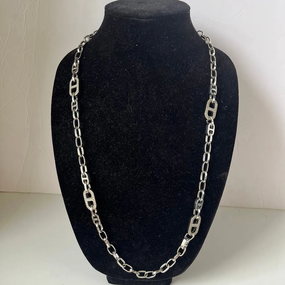 Ann Taylor Silvertone Chain Necklace 30" Crystal Rhinestone Link Layer Statement - Image 14