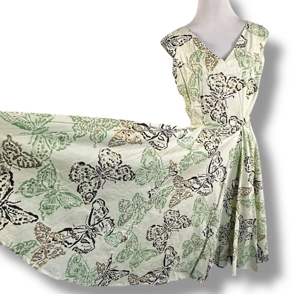 True Vintage 50s Butterfly Print Summer Midi A line Dress Cinched Waist Small Green - Image 2