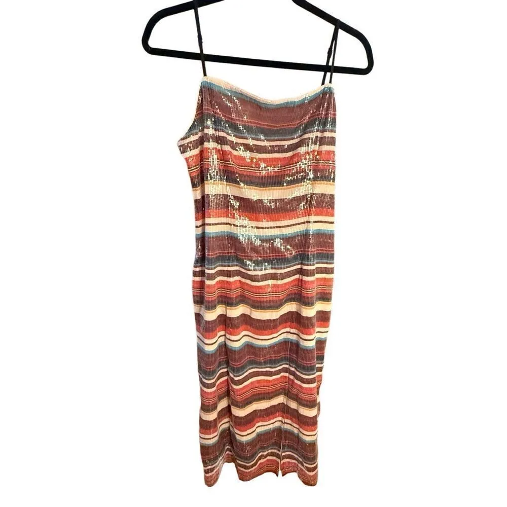 HUTCH Anthropologie Sequined Fall Multicolor Stripe Slip Midi Cocktail Dress Sz - Image 3