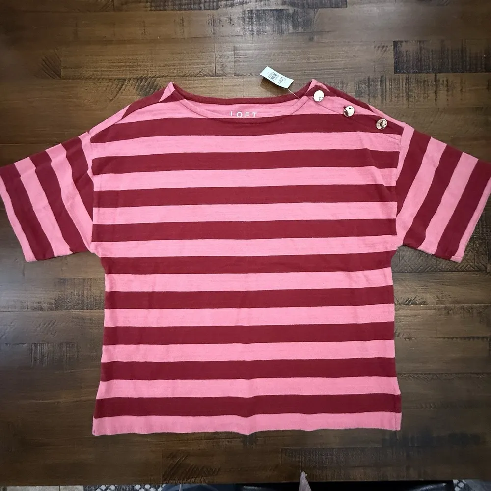 Ann Taylor LOFT Womens Size M Striped Shoulder Button Harbor Tee Pale Ruby 1287 - Image 3