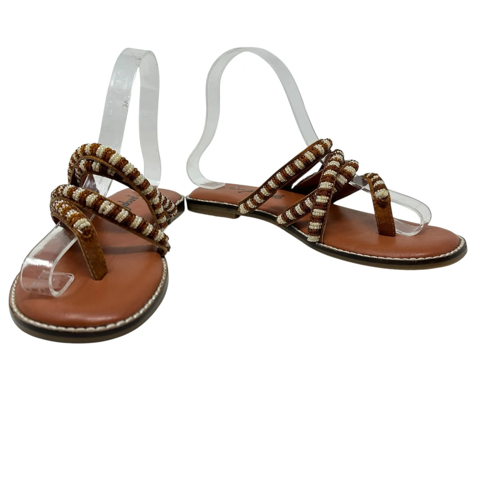 Free People Beatrice Beaded Flat Sandal Flip Flop Tan Brown‎ Size 38 US 7.5 - Image 5