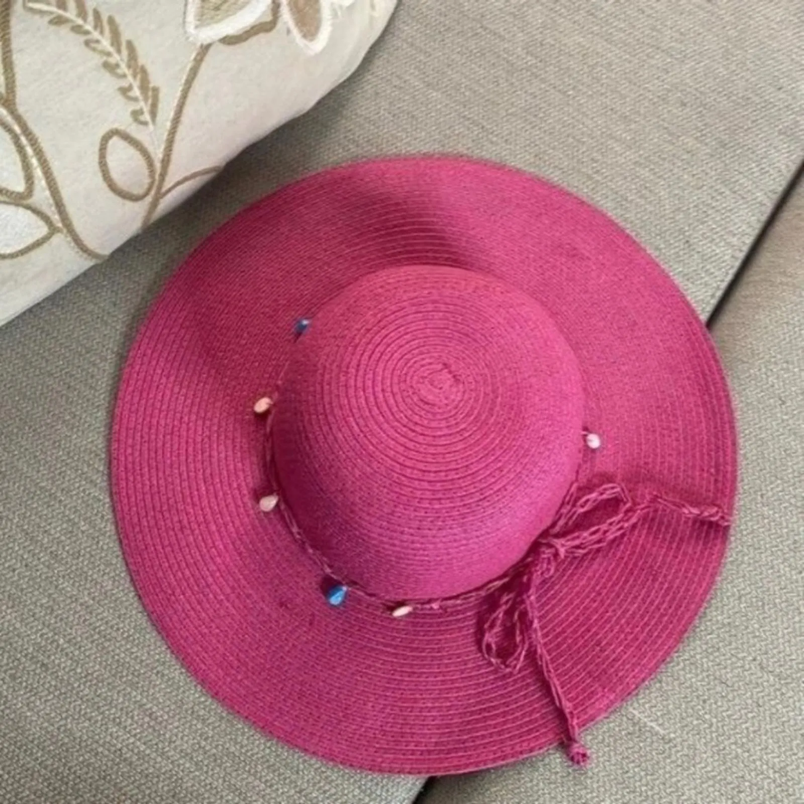 Pink Beachy Straw Floppy Hat Coastal Grandma Spring Beaded - Image 4