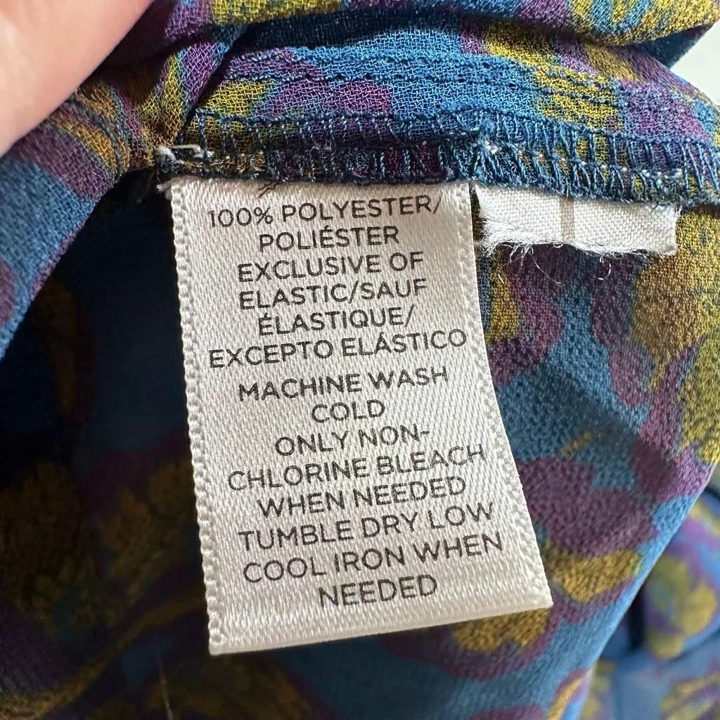 LOFT XS Floral Smocked Blouse Blue Mustard Purple Yoke Keyhole EUC‎ Flowy Fall - Image 7