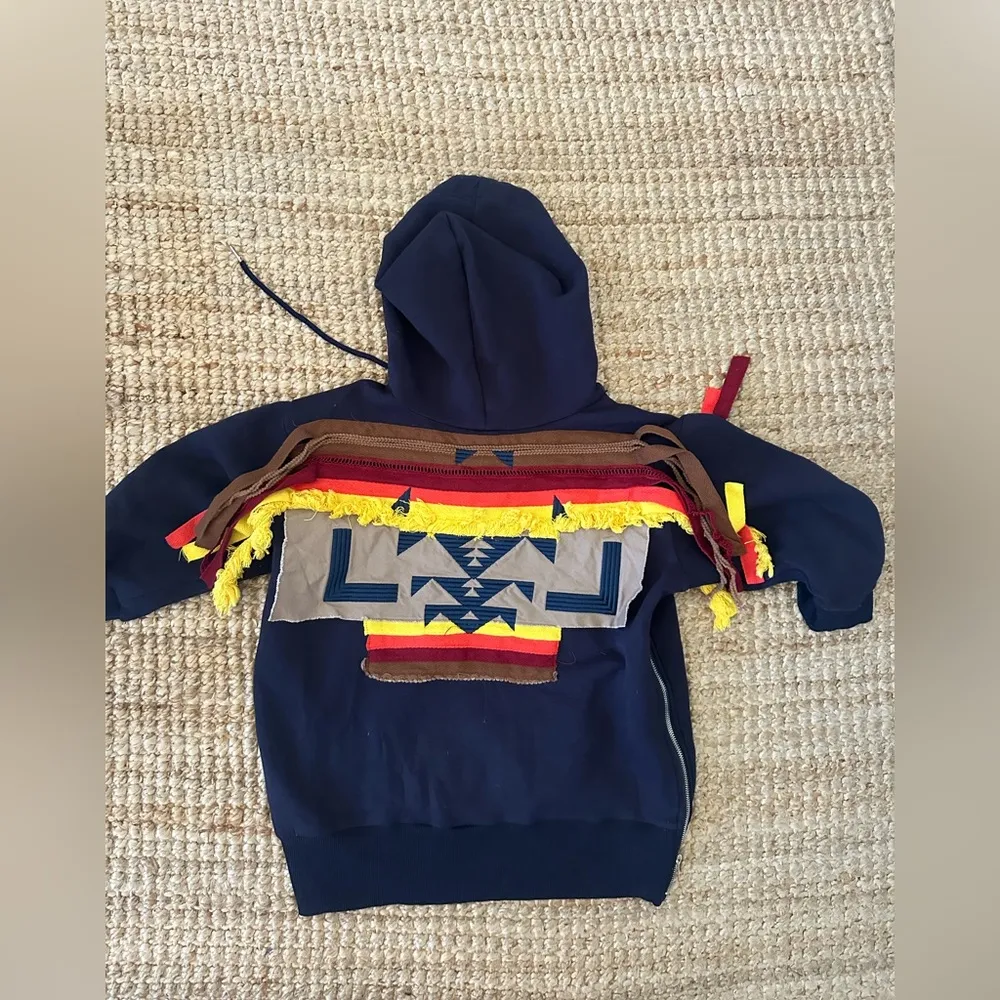 Hoodie Tassel Webbing Embroidery Stitching Side Slit Zipper Sweatshirt size m Blue Size M - Image 10