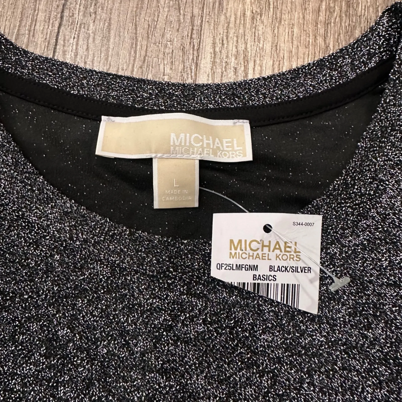 NWT Michael Kors Black Silver Sparkle Cold Shoulder LS Top Blouse SizE L - Image 3