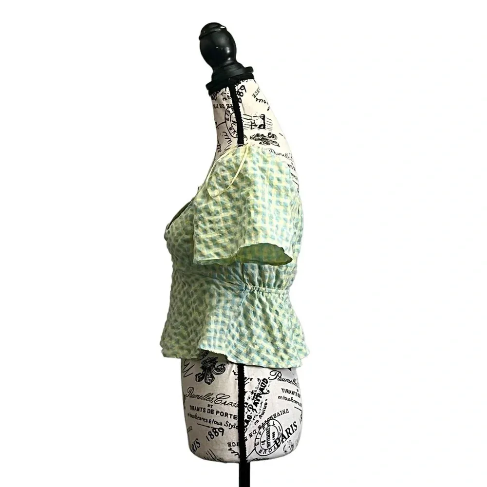 NWT Kirious Los Angeles Gingham Peplum Top S Cropped Boho Fairy Preppy Pinup Green - Image 4