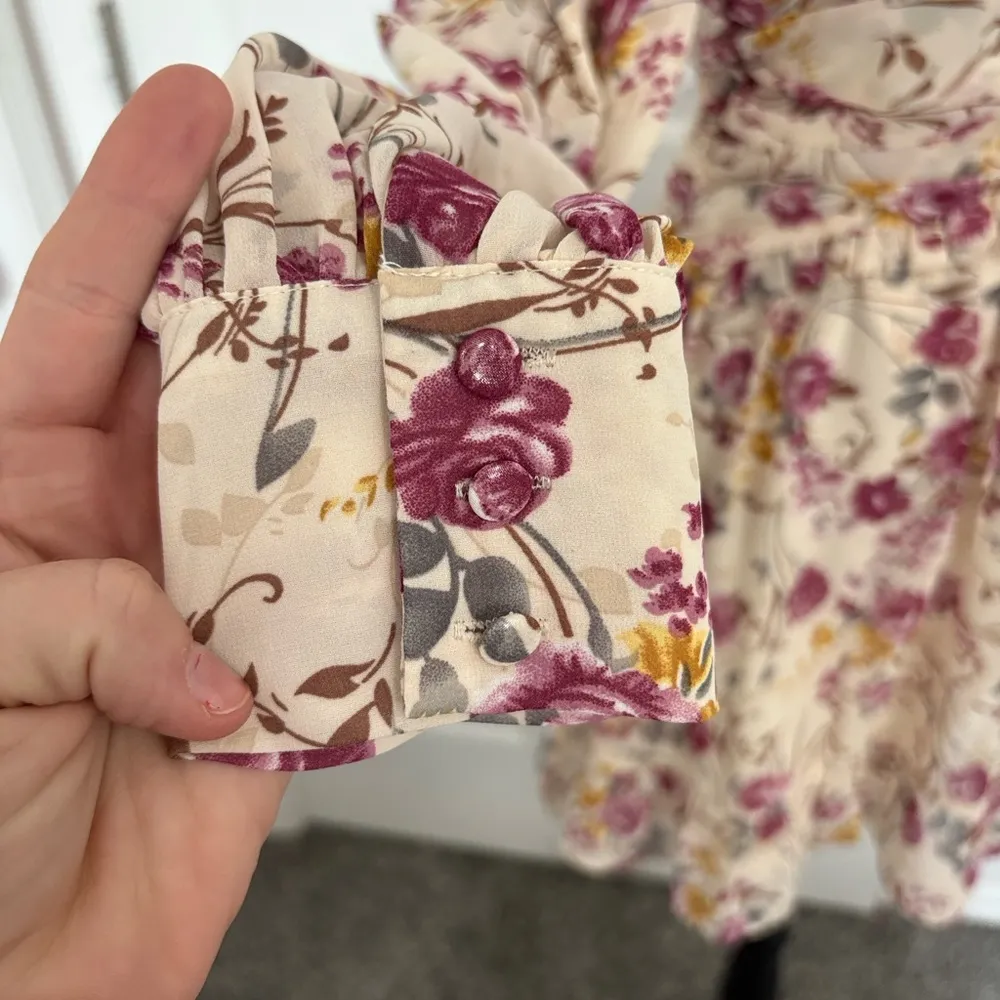 Lena Purple and Cream Floral Long Sleeve Dress Size M - Image 3