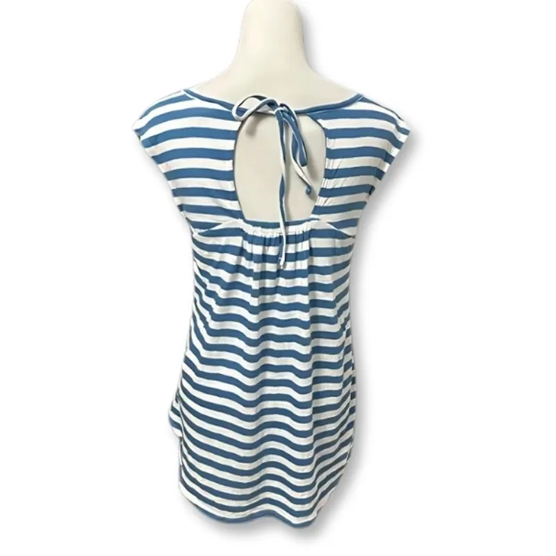 Caslon Cap Sleeves Blouse Round Neck Keyhole Striped Blue White Women's S NWOT - Image 4