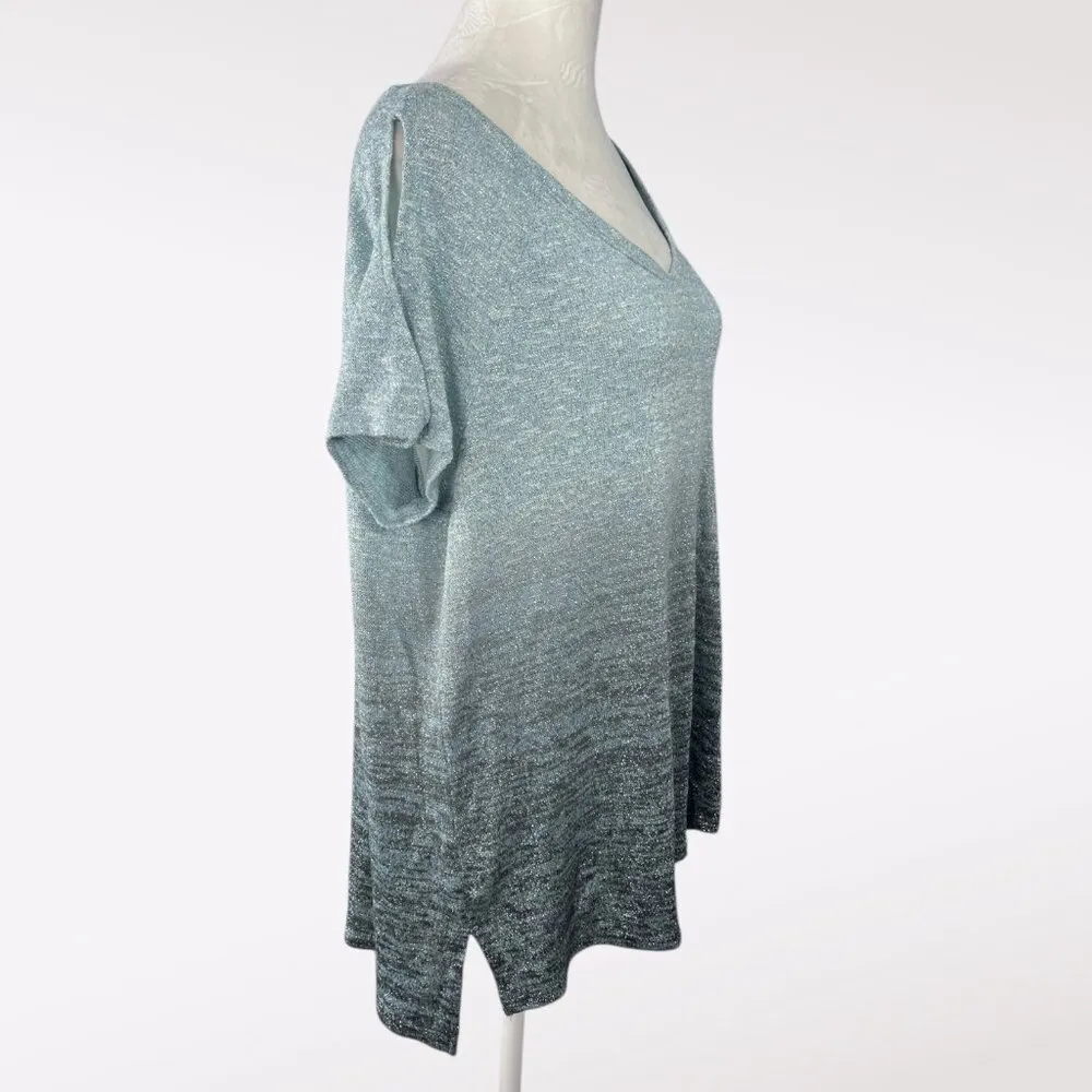 Juicy Couture Ombré Knit Short Sleeve V Neck Top Blue Gray XL - Image 6