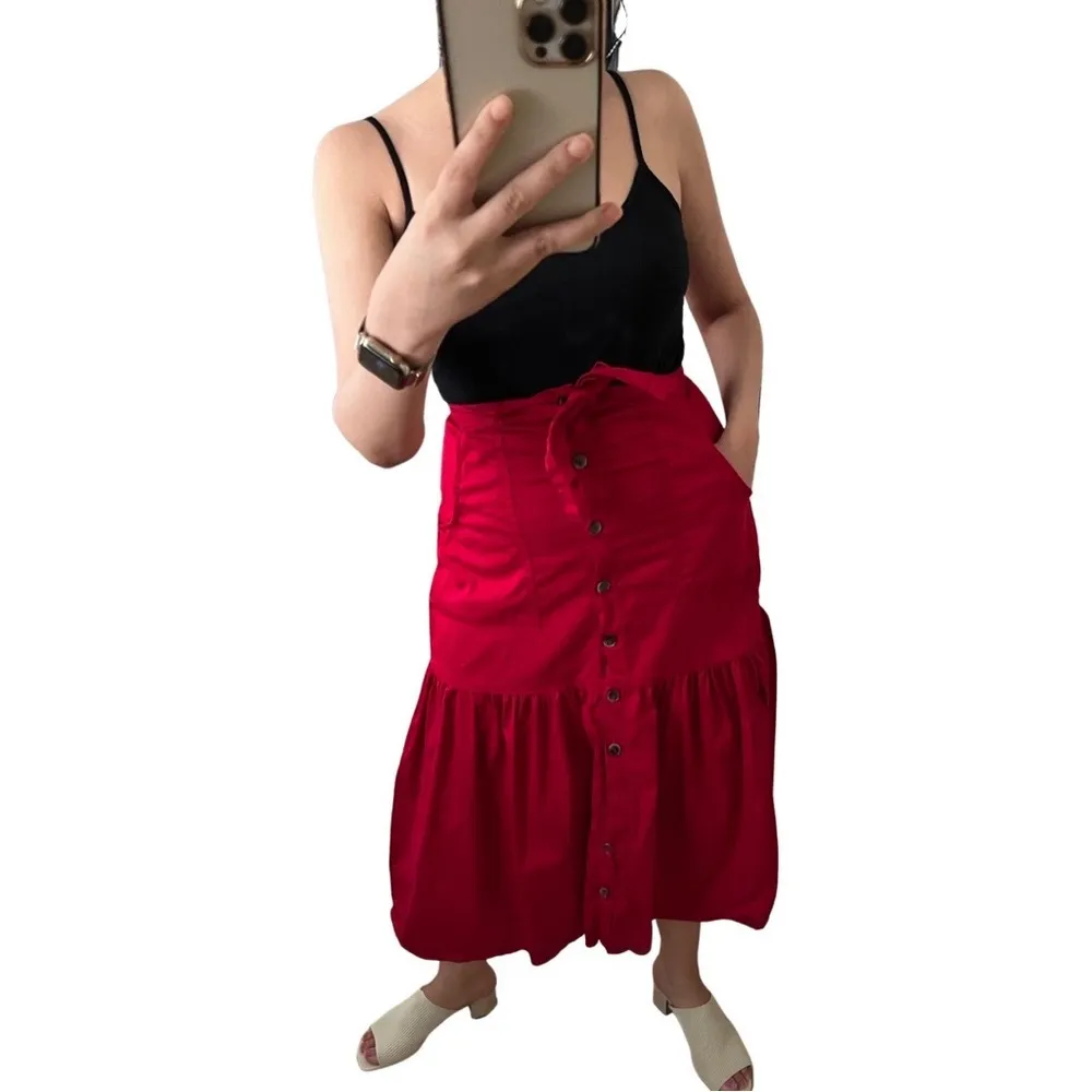 ANTHROPOLOGIE AMADI Aisha 100% Cotton Flounced Midi Skirt Red US 4 - Image 53