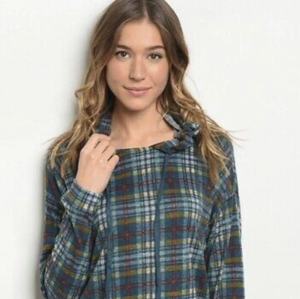 NWT Sz L Annabelle Plaid Long Sleeve Hooded Tunic Top - Image 3