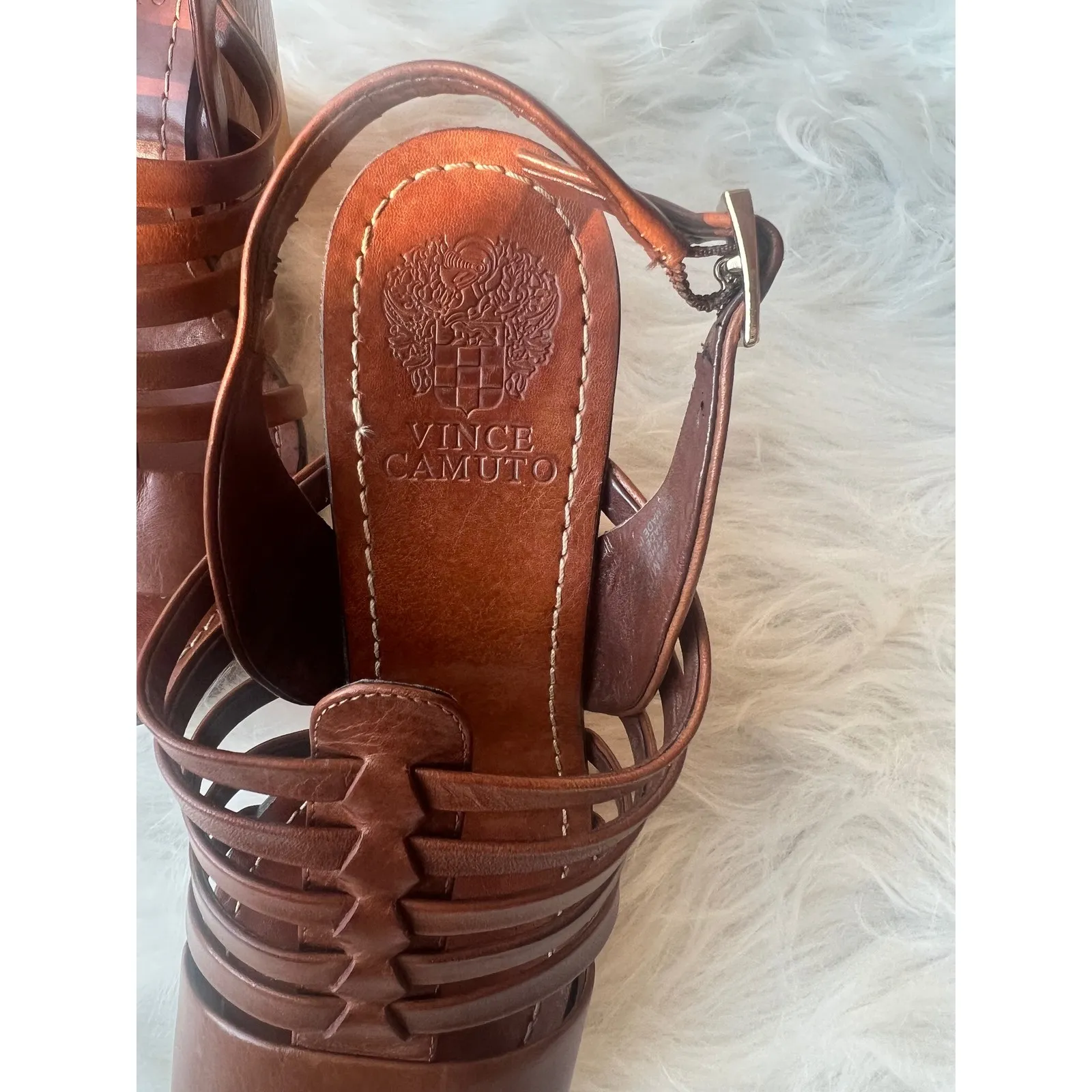 Vince Camuto Platform Wedge  Woman's Sandals Brown Leather Strappy‎ Heel Shoes - Image 2