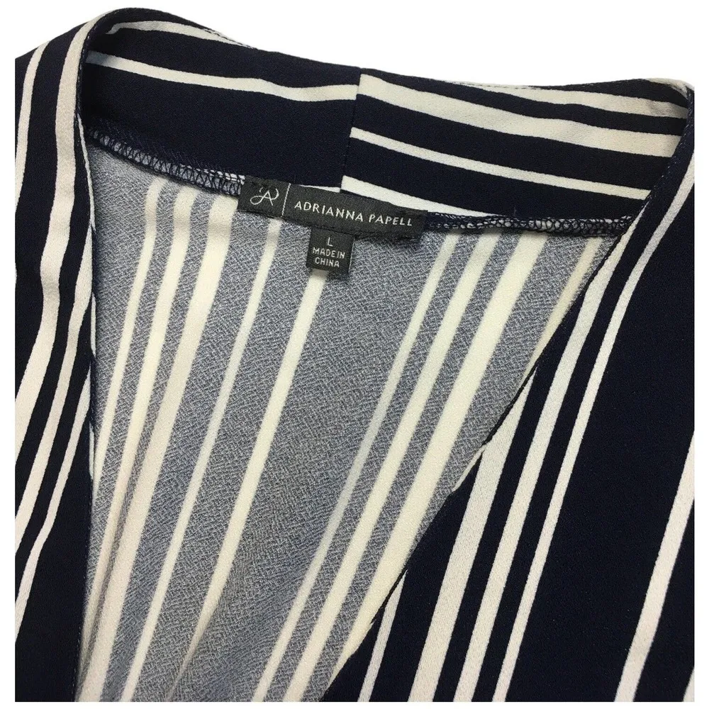 Adrianna Papell Faux Wrap Striped V Neck Career Blouse Blue L - Image 11