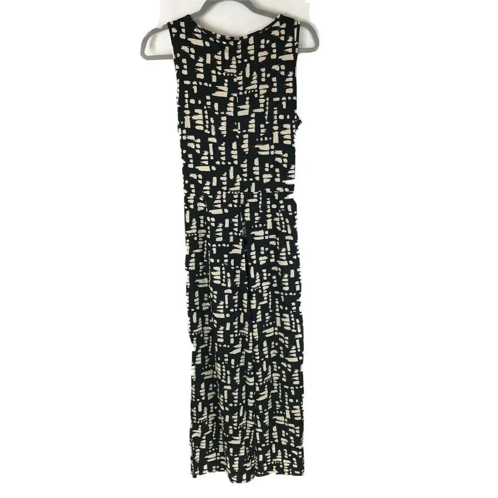 H by Halston Regular Printed Jet Set Jersey Crop Wide-Leg Jumpsuit Black Ivory S - Image 2