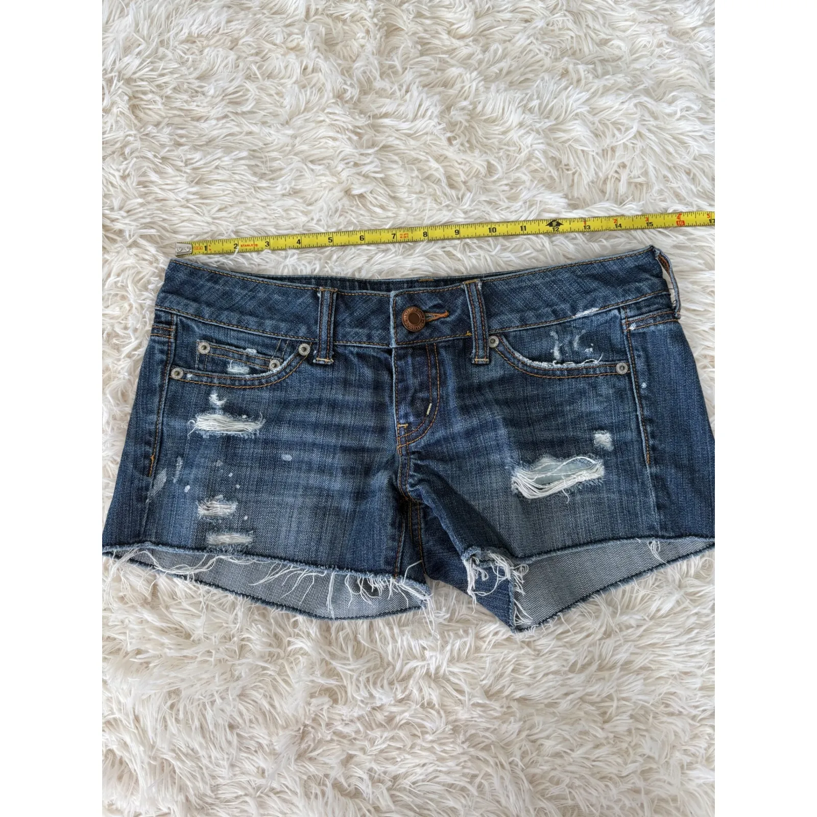 American Eagle Distressed Denim Shorts Dark Wash Ripped Destroyed Raw Hem Blue Size 4 - Image 7