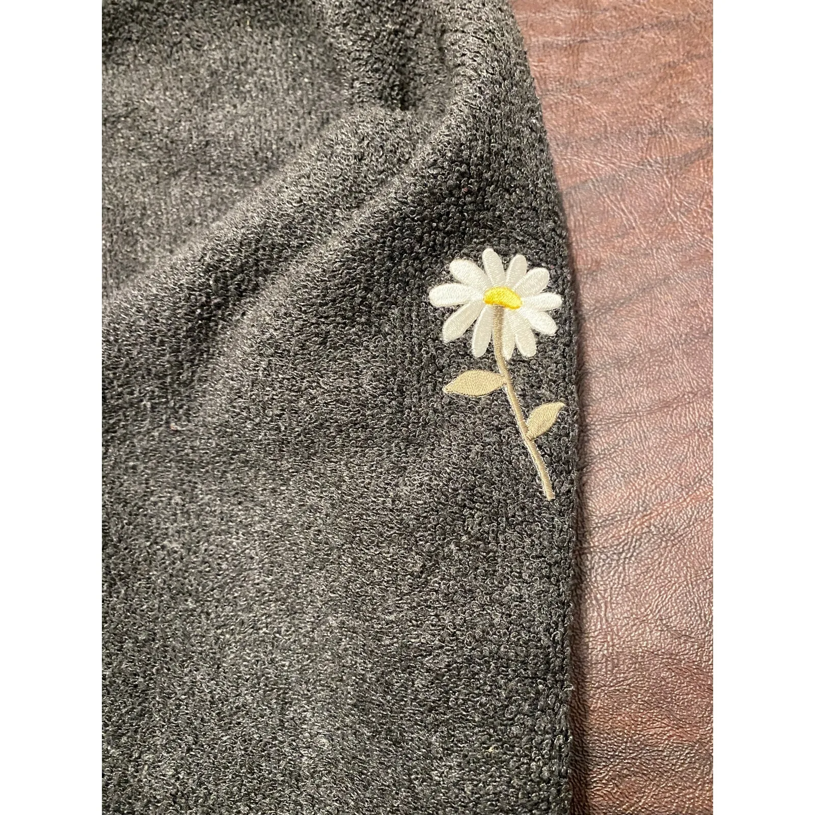 Vintage Y2K Cal Cru Terry Knit Embroidered White Daisies Crew Neck Made USA L/XL Gray - Image 3