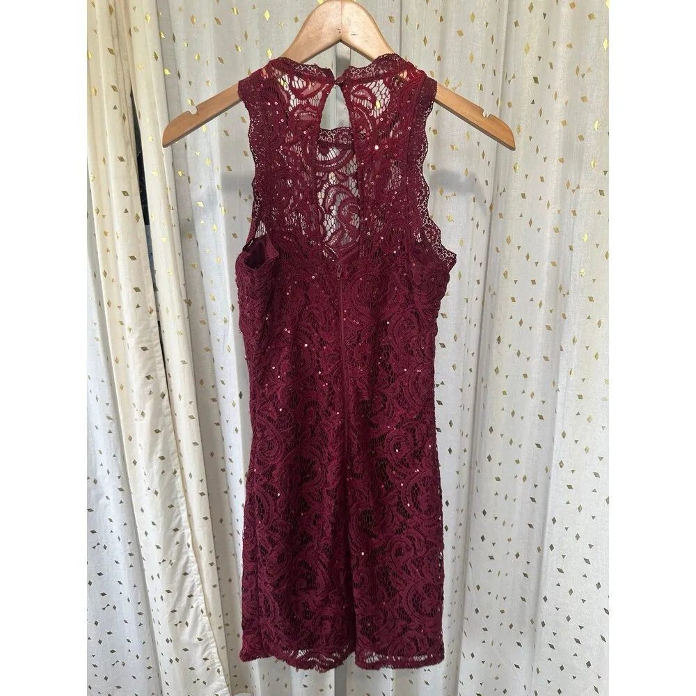 Soprano NWT Burgundy Lace Sequin High Neck Bodycon Homecoming Mini Dress S - Image 3