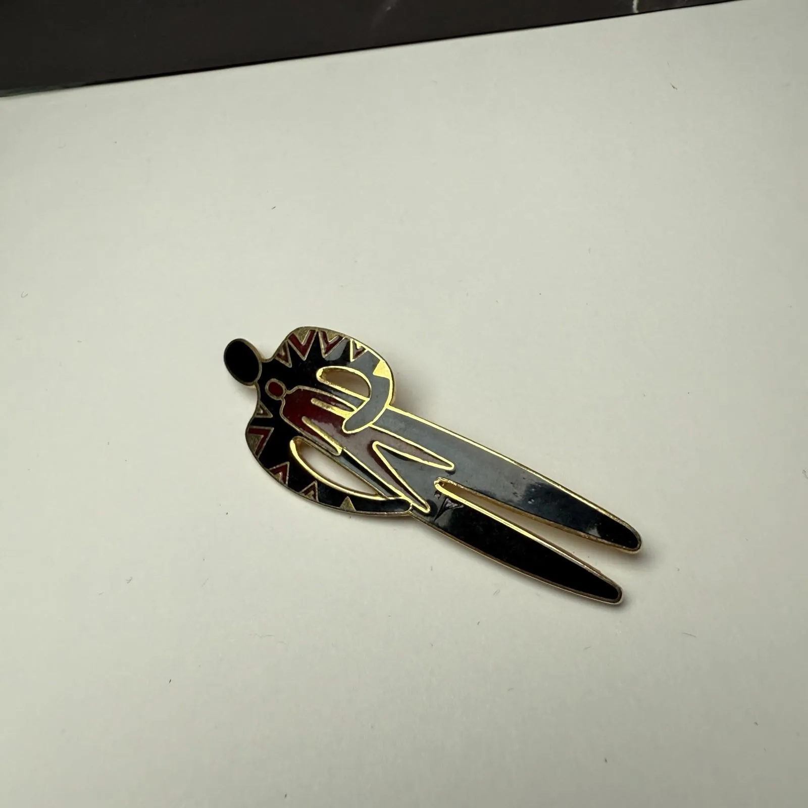 Laurel Burch Shaman Brooch Pin Gold Tone Black Red Enamel Tribal - Image 5