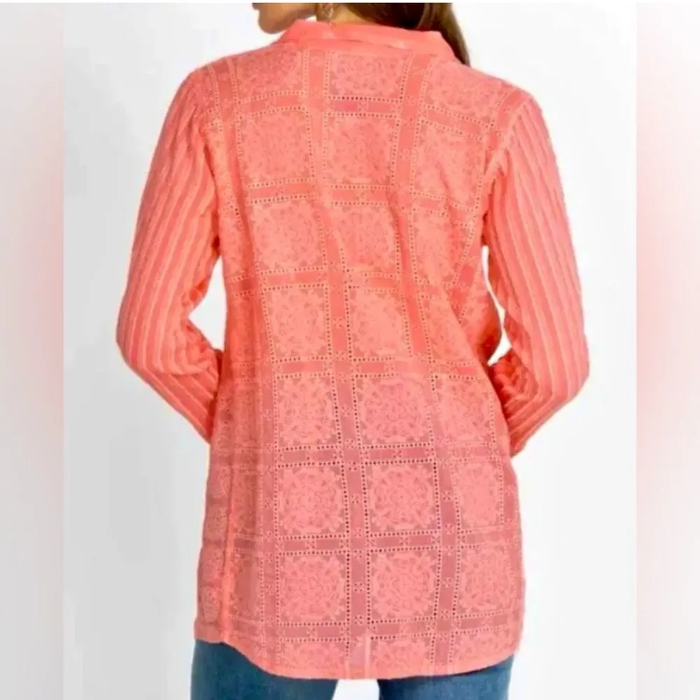 Johnny Was NYX Button Down Embroidered Eyelet Shirt Tunic in Coral Sunset Medium - Image 4