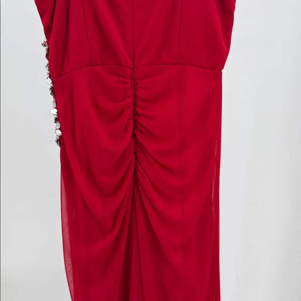 Xscape Red Dress formal jeweled slit 2 ruched evening holiday event retro dance - Image 11
