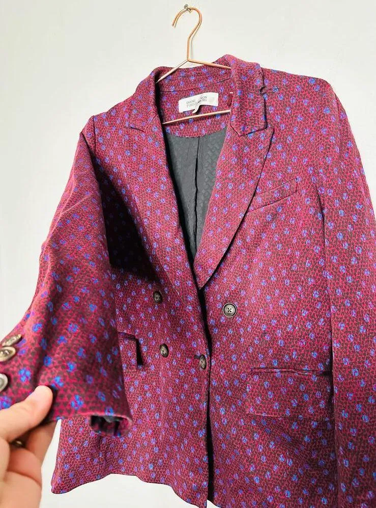 DIANE VON FURSTENBERG Red Printed Wool Blend Blazer Coat Size 6 - Image 8