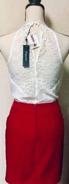 Red Pencil Skirt, Diamond Charm Belt, M Size M - Image 3