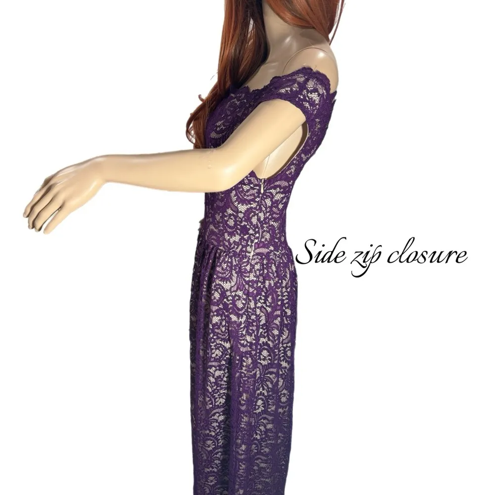 Yellow Star Womens Plum Lace Nude Maxi Off Shoulder Dress Size M USA MADE - Image 8