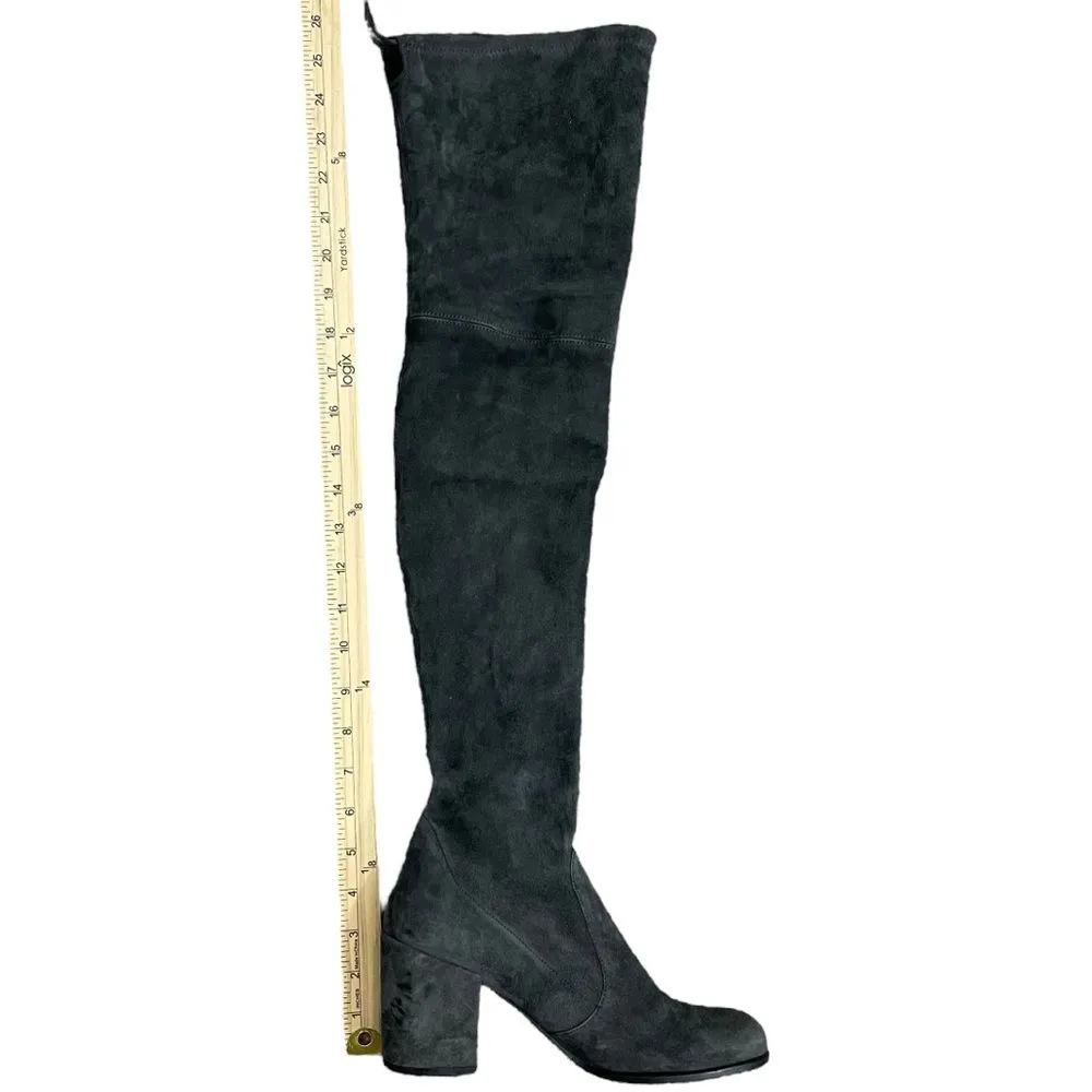 Stuart Weitzman Gray Suede Over-the-Knee Boots Sz 7 Almond Toe Block Heel Shoes‎ - Image 6