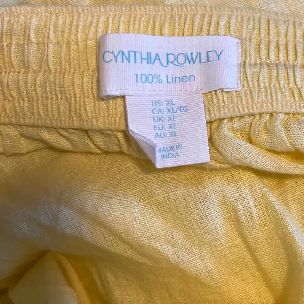 Cynthia Rowley Sunny Yellow Pull On Elastic Waist 100% Linen Pants Size XL - Image 3