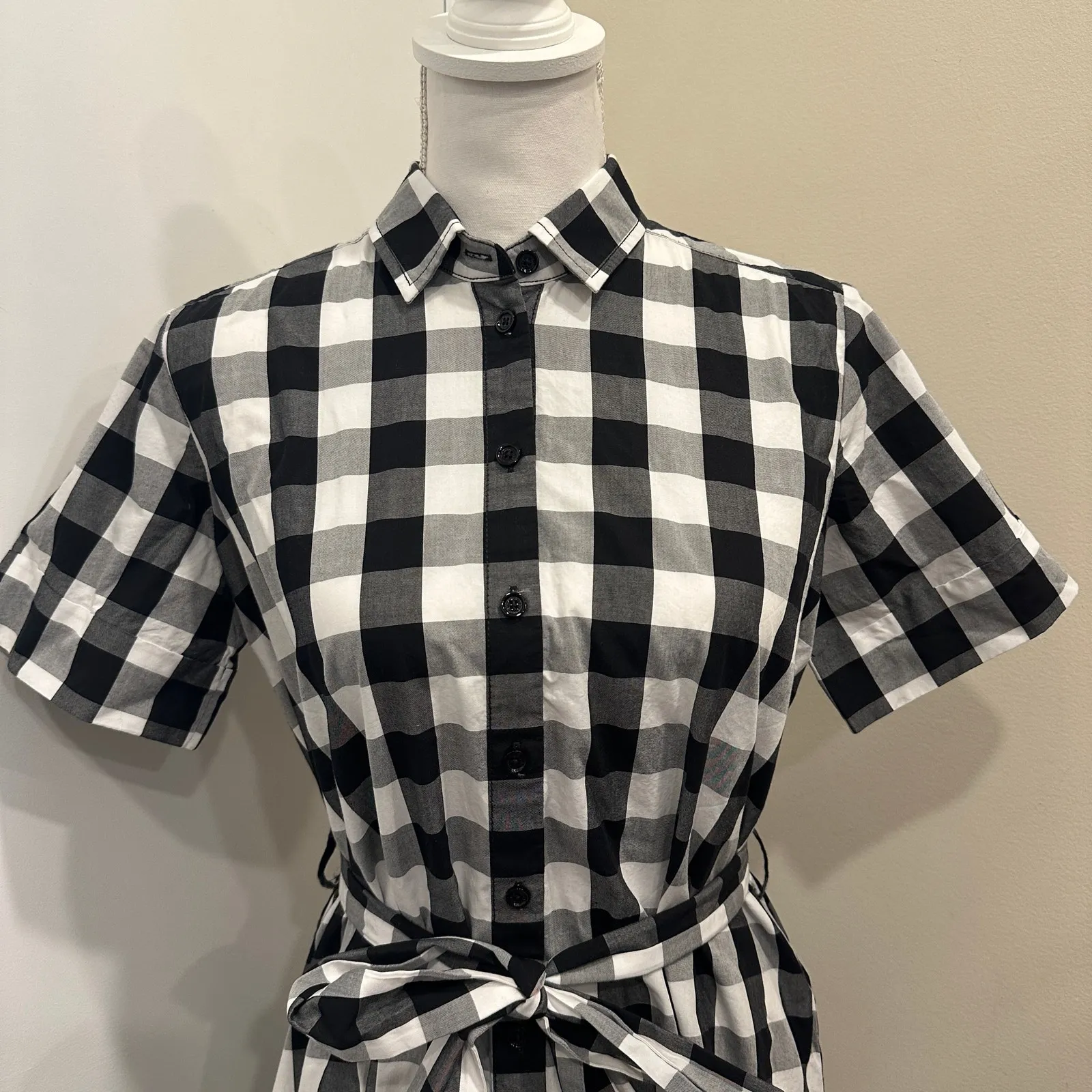Kate Spade Broome Street Black White Gingham Belted Shirt Dress Preppy Coastal - Image 4