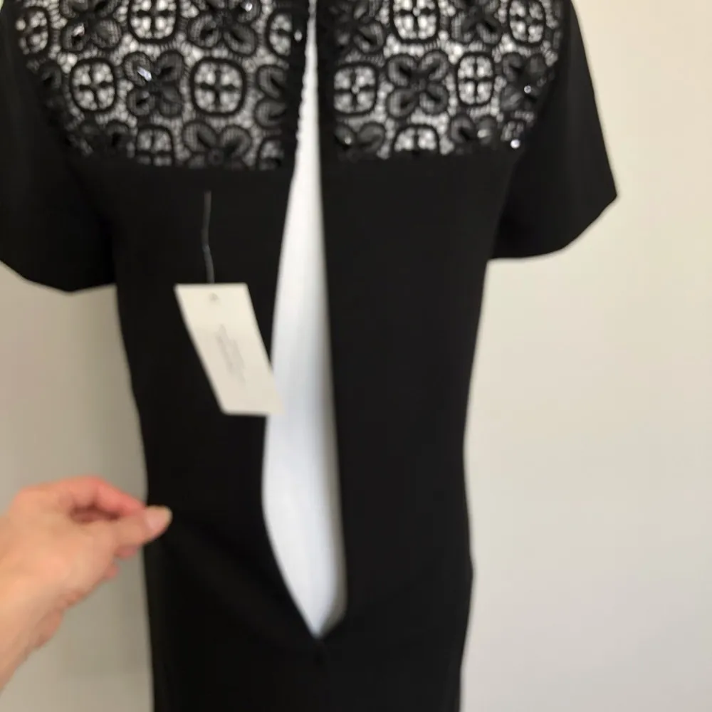 Tahari Dress Shift Crocheted Gem Floral Flower Beaded Lined Party Cocktail Black - Image 8