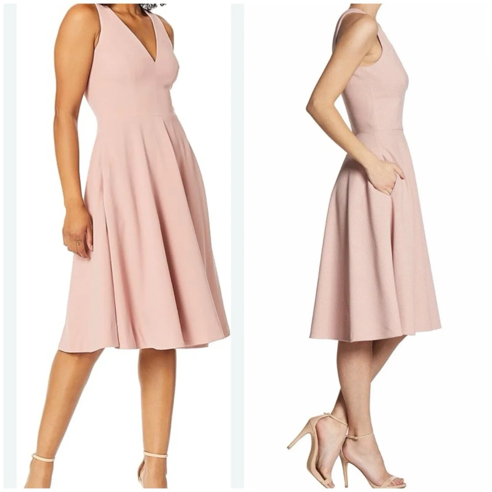 Dress the Population Blush Pink Midi Dress S Sleeveless V Neck Fit Flare - Image 2