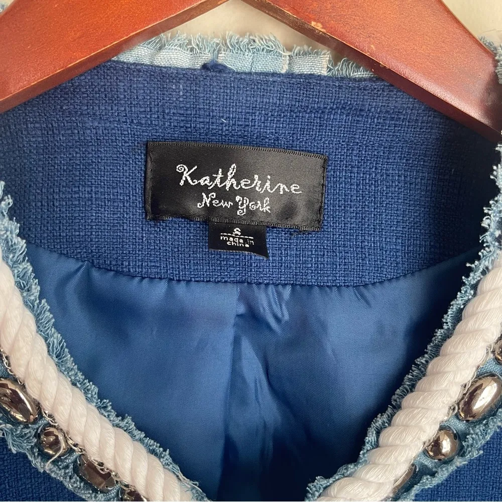 Katherine New York Navy Textured Embellished Jacket w/ Denim Detail Jacket Small Blue Size 6 - Image 2